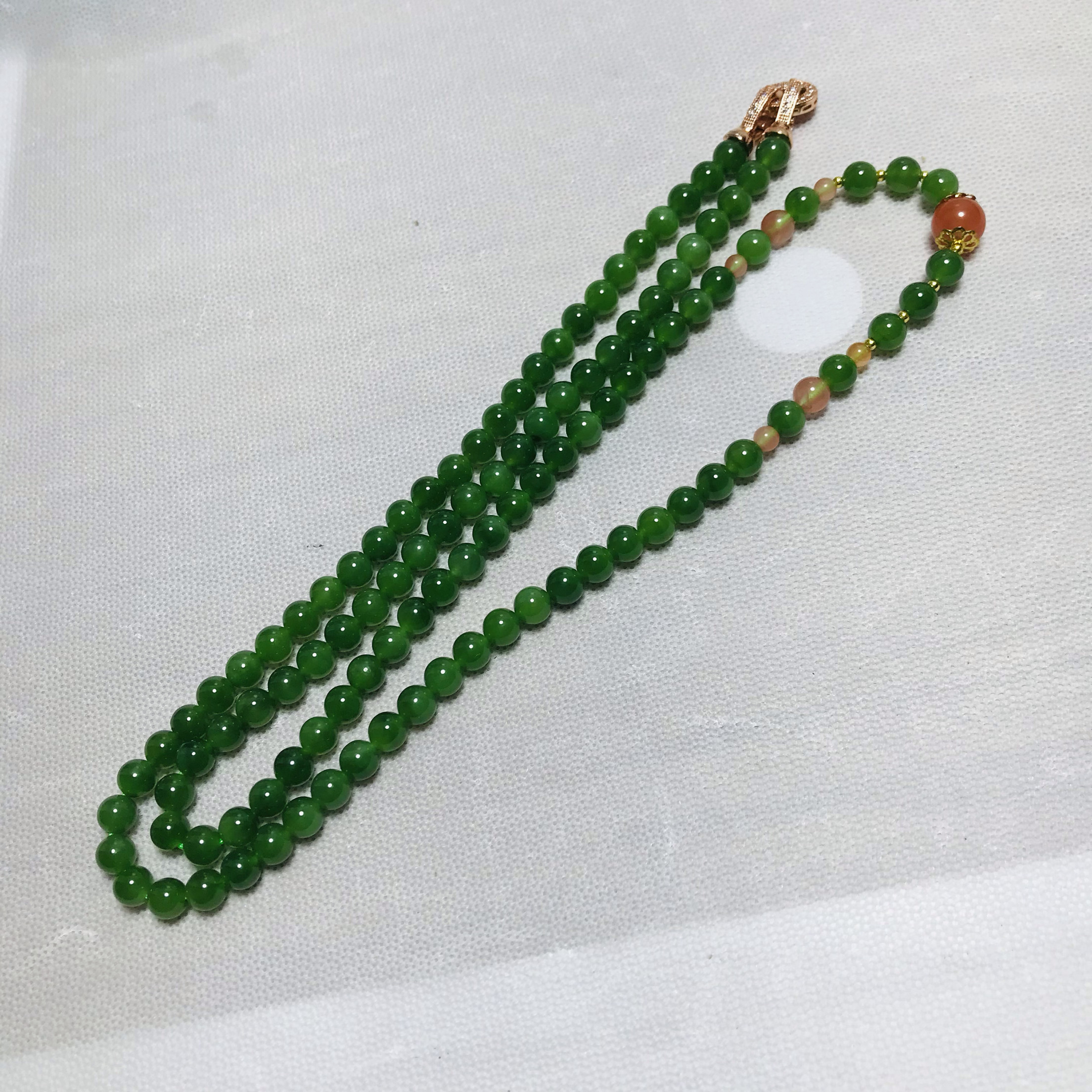 和田玉碧玉项链卡6mm菠菜绿玉质细腻颜色漂亮干净南红配珠108颗