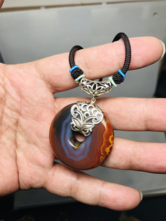 天然上谷战国红精美瑞兽银镶嵌祥彩平安扣吊坠挂件40×8.8mm