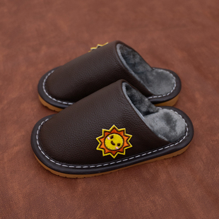 儿童真牛皮拖鞋时尚加厚加绒棉拖男女士冬季防滑室内居家高端亲子
