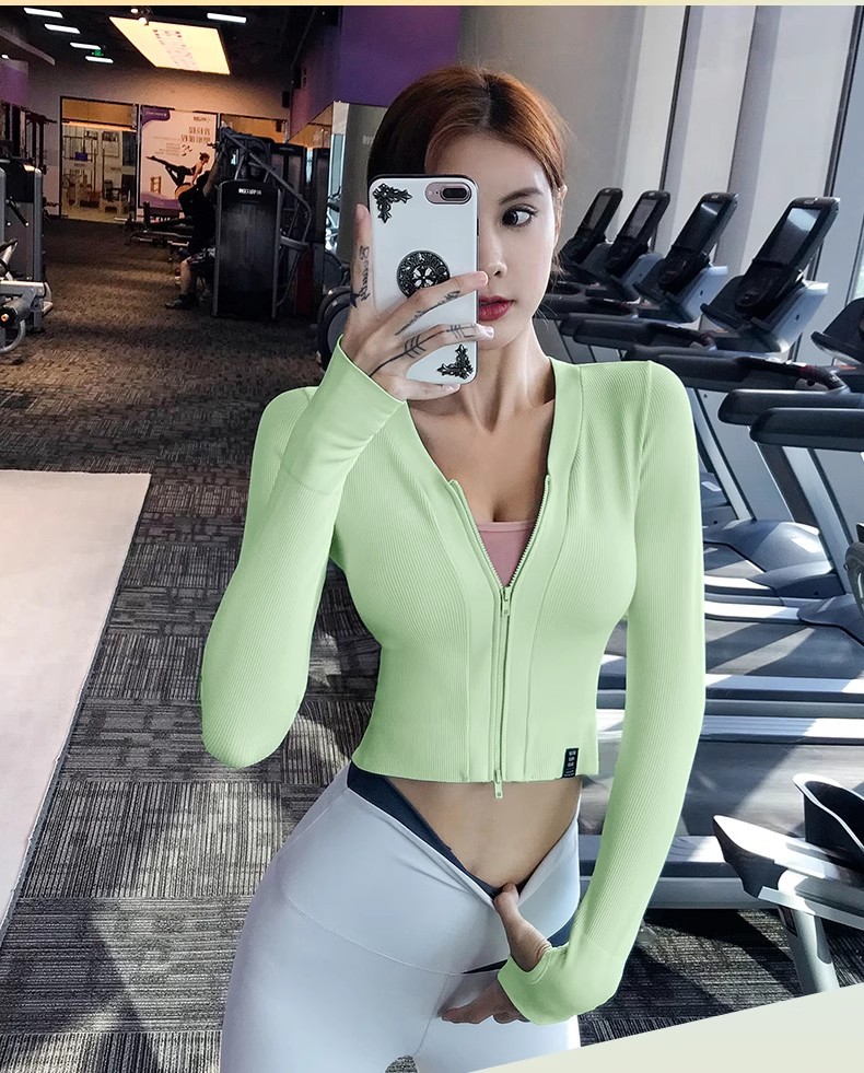 2025瑜伽服女春秋拉链款上衣紧身跑步健身服普拉提运动长T恤袖黑