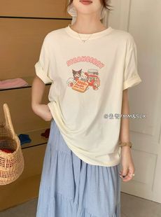 T恤女上衣潮ins 2025年夏季 新款 韩版 卡通印花减龄圆领宽松百搭短袖