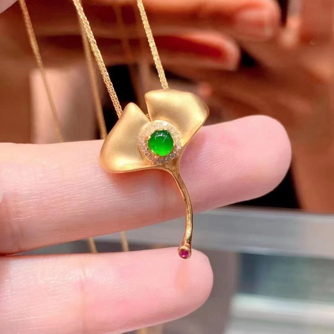 四叶草一片叶子吊坠加工定制镶嵌18k金涡镶翡翠小蛋面