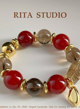 天然红玛瑙手串黑金超七茶晶手链女款本命年招财好运礼物送闺蜜