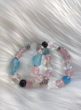 天然水晶多宝手链海蓝宝粉水晶白阿赛千层山白幽灵手串女原创设计