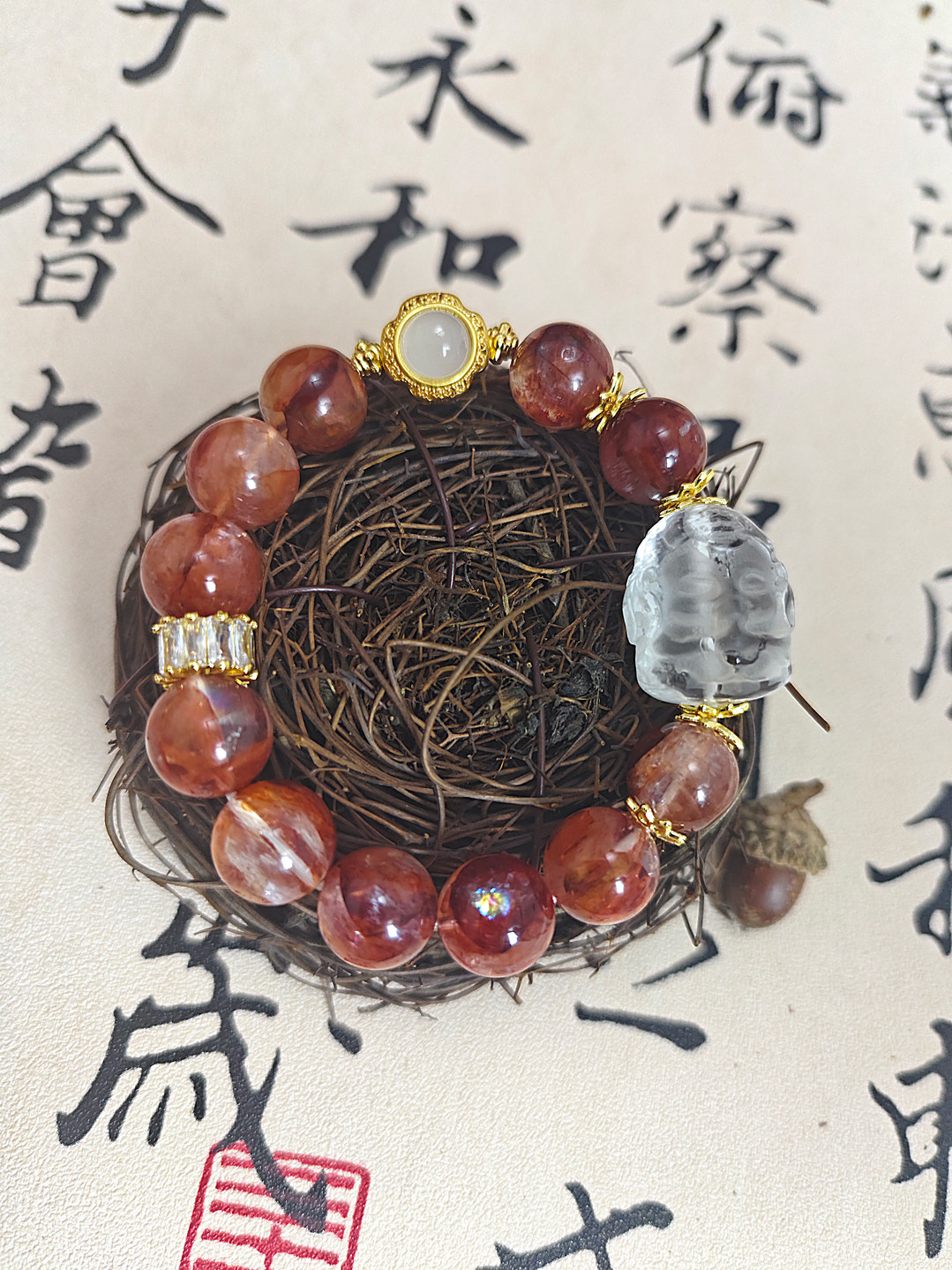 天然鸩羽幽灵手链牛血红胶花水晶手链本命年原创设计饰品生日礼物