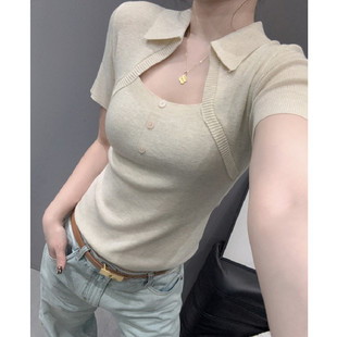 不规则方领短袖女冰丝针织衫高级感洋气百搭紧身翻领上衣小衫夏天