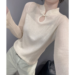 新中式盘扣针织衫长袖女秋装新款修身内搭毛衣打底衫立领镂空上衣