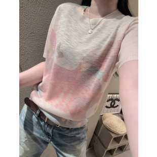 凉爽竹节棉麻短袖 高级感洋气百搭宽松遮肚子上衣夏天 女冰丝针织衫