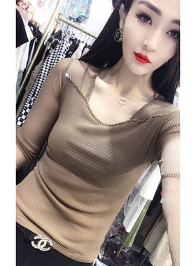 春装新款时尚钉珠u领女高档上衣