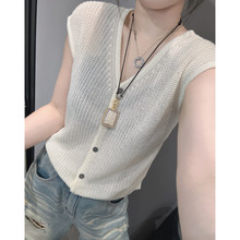 镂空微透冰丝针织衫短袖开衫女欧洲站夏新款修身外搭罩衫V领上衣