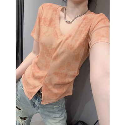 下摆开叉V领短袖T恤女设计感褶皱
