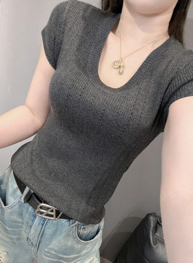 欧洲站U领冰丝针织衫短袖女夏