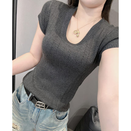 欧洲站U领冰丝针织衫短袖女夏新款弹力紧身百搭简约麻花镂空上衣