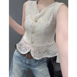 网纱蕾丝开衫女背心高级感气质百搭显瘦修身无袖T恤开衫上衣夏天