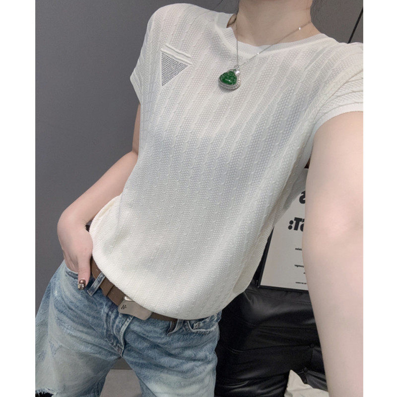 麻花条纹短袖女冰丝针织衫小飞袖洋气百搭宽松显瘦提花上衣小衫夏