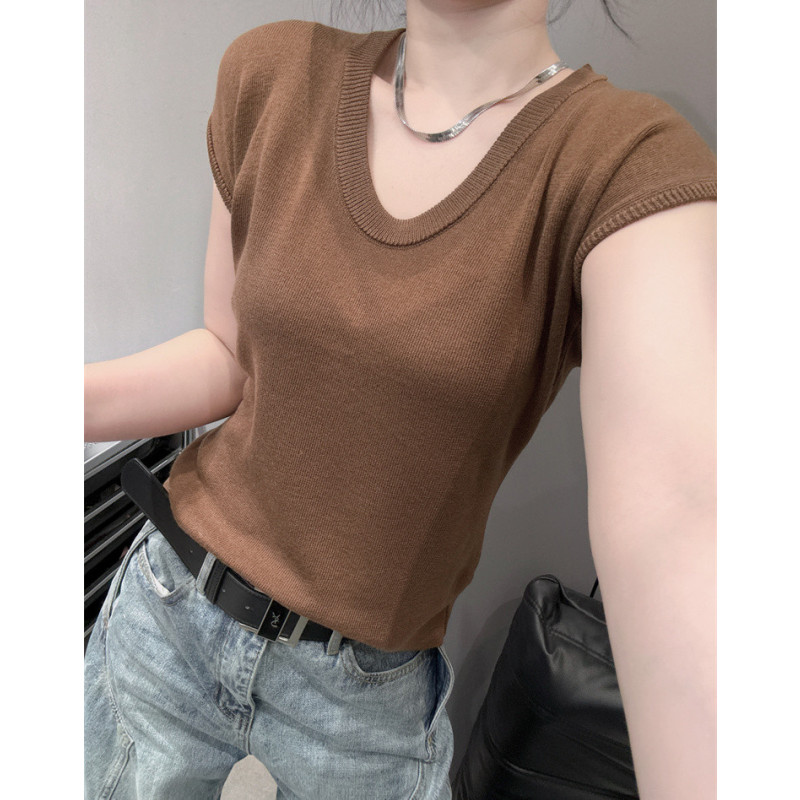 简约纯色冰丝针织衫短袖女
