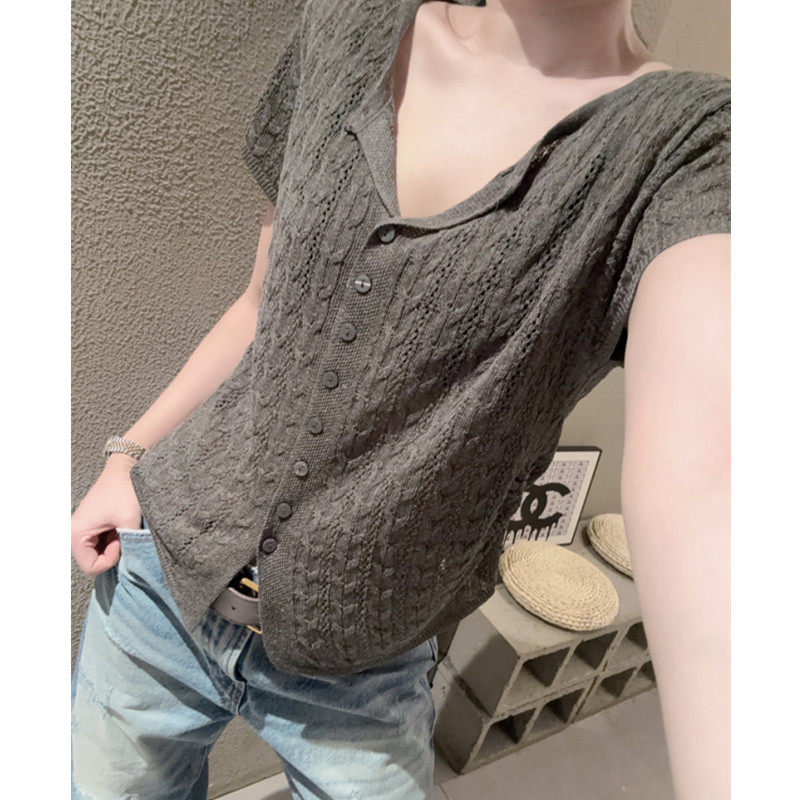 麻花镂空深V领开衫短袖女气质百搭显瘦宽松冰丝针织衫上衣时髦夏v