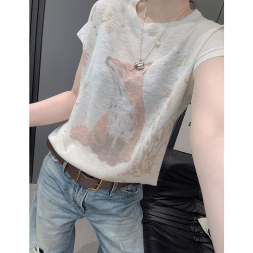 时髦印花女短袖冰丝针织衫小飞袖