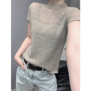 半高领冰丝针织衫短袖女拼接洋气百搭修身毛衣立领打底小衫上衣夏