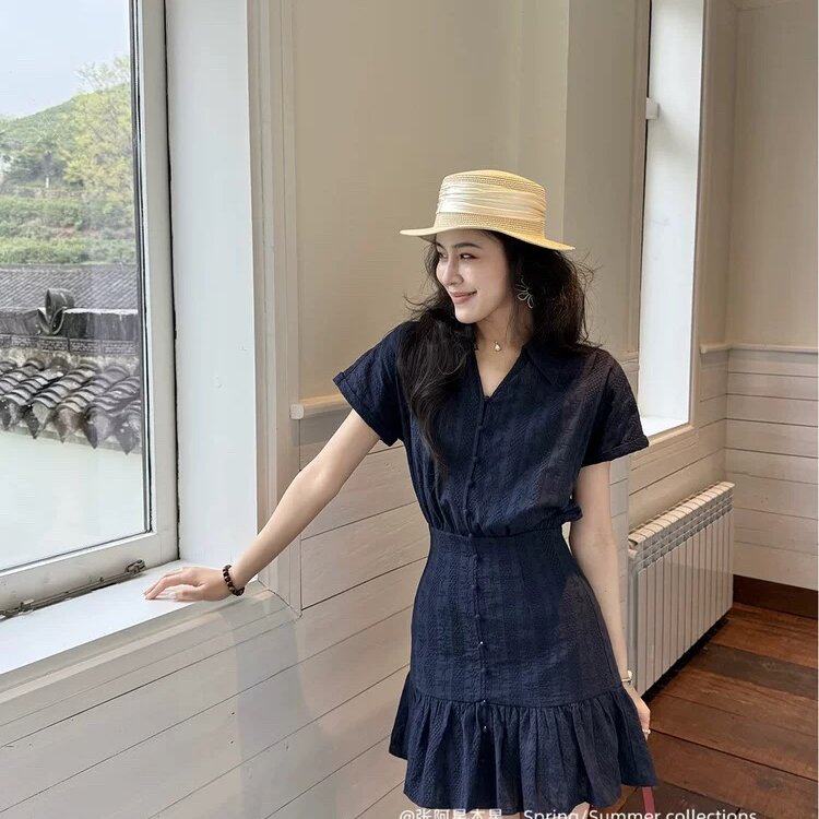 张阿星蓝调笔记藏青色miu系立体提花少女感减龄法式连衣裙