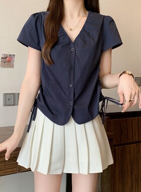 实拍夏装新款大码夜岩上衣温柔风淑女抽绳褶皱v领上衣M-4XL200斤