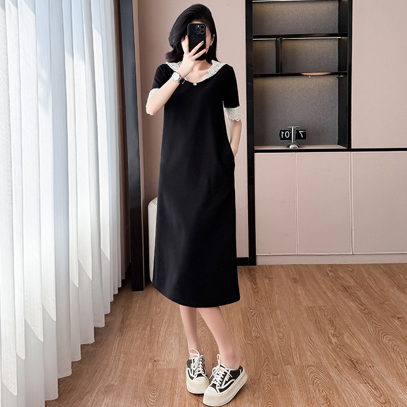 实拍花边帽子连衣裙蕾丝袖口简约时尚显瘦中长款大码T恤裙女夏
