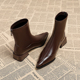 2025新款 粗跟欧美风尖头短靴女秋冬深棕色低跟小踝靴高级感时装 靴