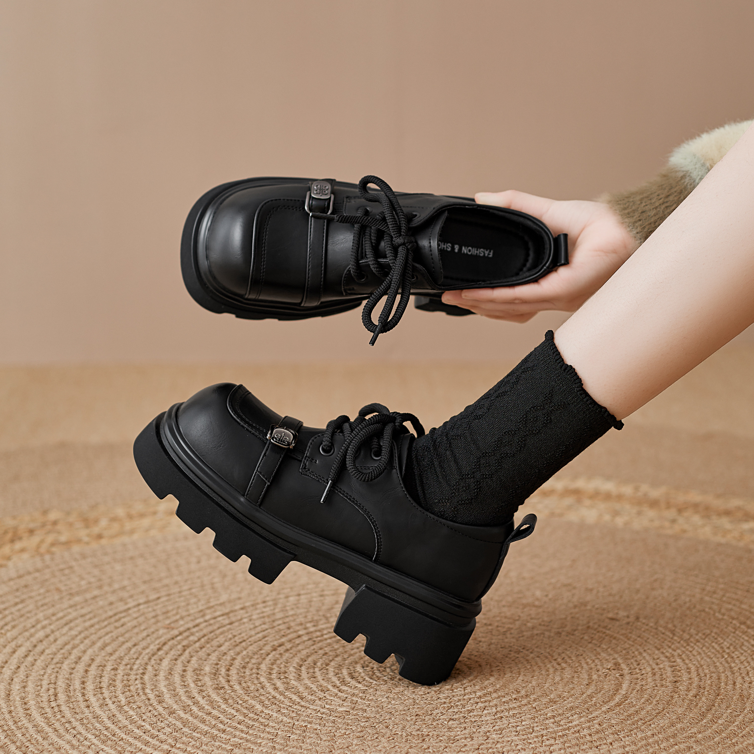 真皮~2026春季新款厚底乐福鞋女英伦风系带黑色百搭增高复古皮鞋,女鞋,乐福鞋（豆豆鞋）,淘宝优惠券,粉丝福利购,淘宝优惠卷