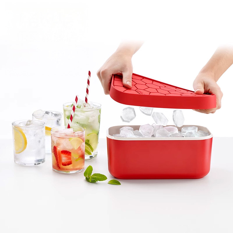 乐葵红色硅胶制冰盒家用派对聚会冰格模具带盖储冰盒便捷保温盒
