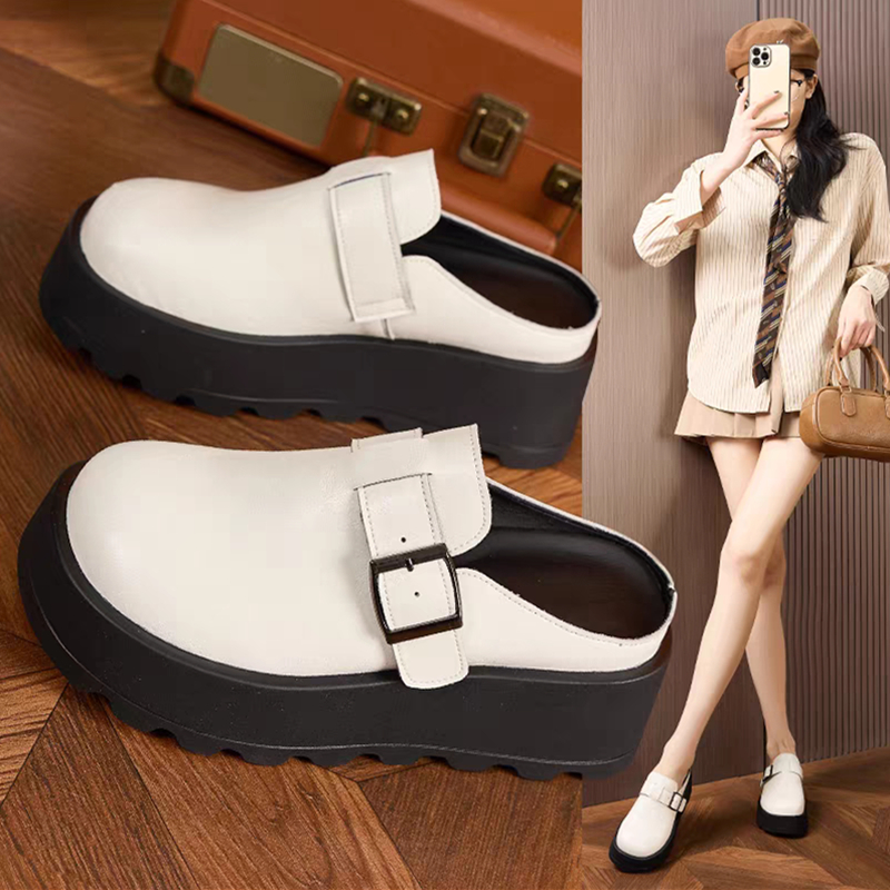 厚底真皮勃肯外穿包头懒人半拖鞋