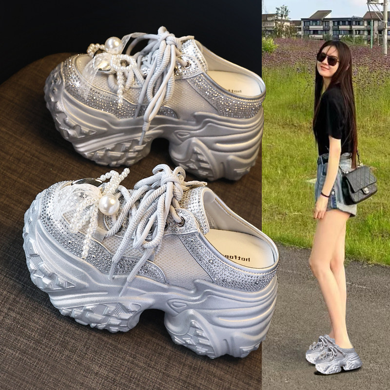 小个子内增高包头网面半拖鞋女夏季新款休闲松糕懒人老爹托鞋百搭