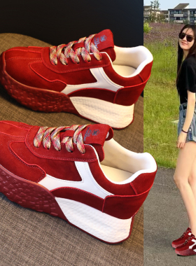 厚底内增高9CM网红爆款阿甘鞋女2026春季新款红色休闲运动老爹鞋
