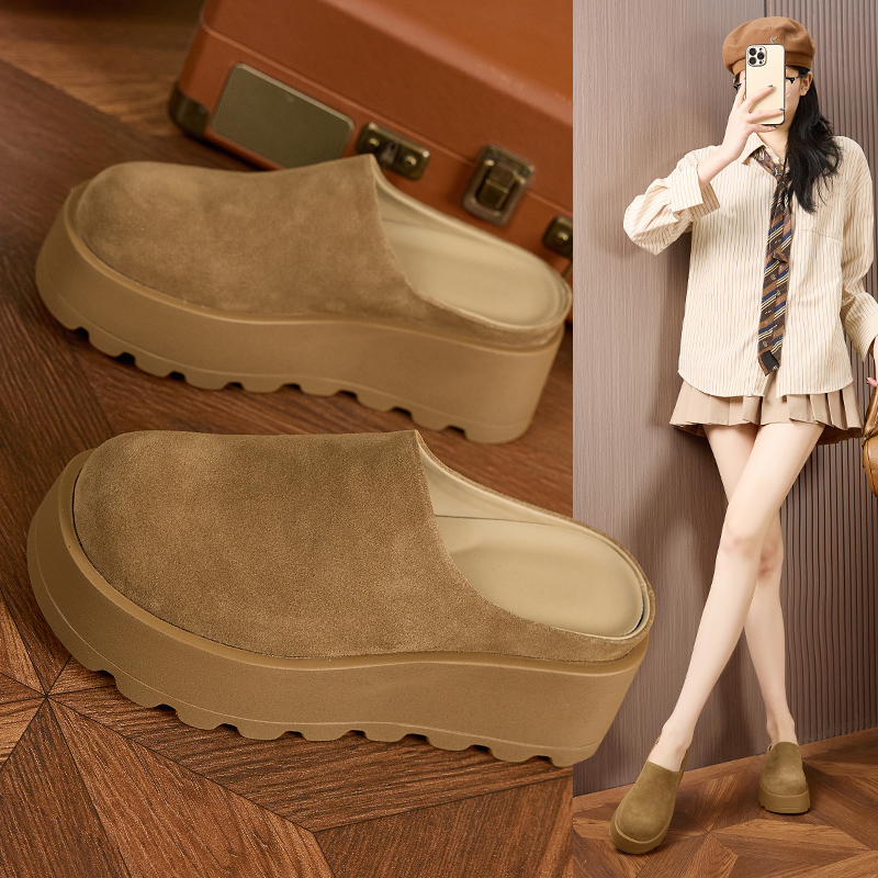 厚底增高真皮包头勃肯外穿半拖鞋