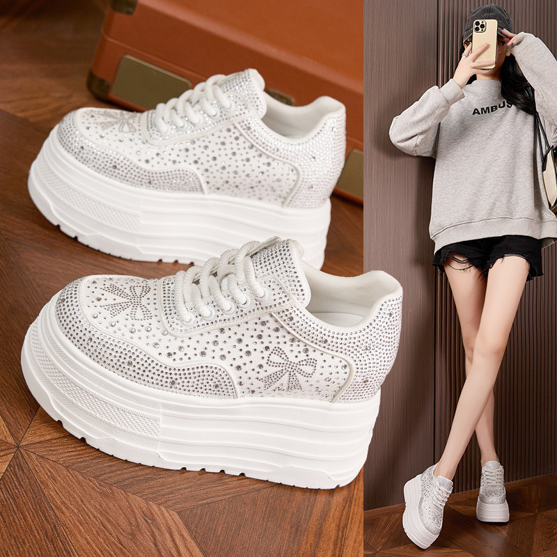 厚底内增高10CM满钻小白鞋女2025秋季新款时尚系带休闲松糕鞋百搭,女鞋,松糕（摇摇）鞋,淘宝优惠券,粉丝福利购,淘宝优惠卷