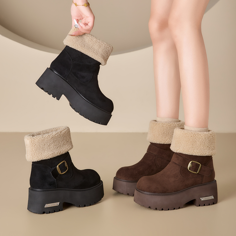 厚底棕色真皮冬季加绒雪地靴显瘦