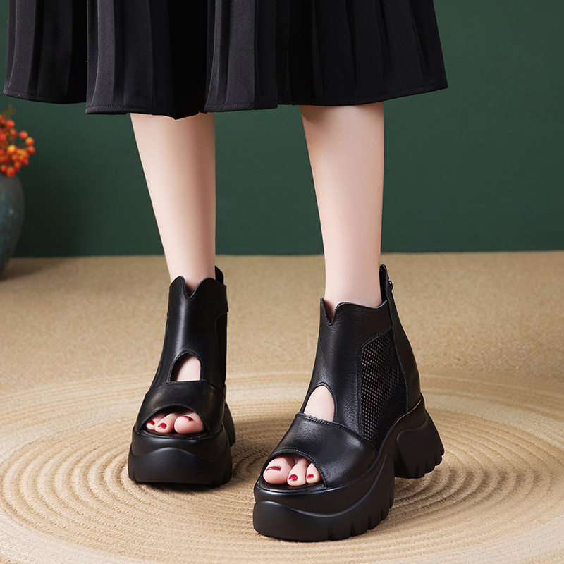 欧美风头层牛皮鱼嘴凉靴女2026夏季新款时尚厚底松糕增高短筒靴子