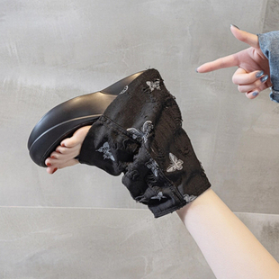 时尚 薄款 破洞牛仔布短靴显瘦 夏季 厚底增高6CM夹趾凉靴女2025新款