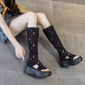 厚底牛仔布夹趾凉靴女夏季 镂空透气松糕高筒长靴增高网纱靴子显瘦