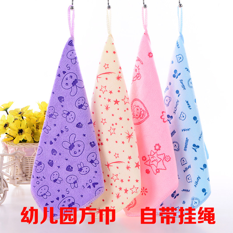 带挂绳超强吸水小毛巾四方巾幼儿园专用方巾洗脸面巾定制logo批fa