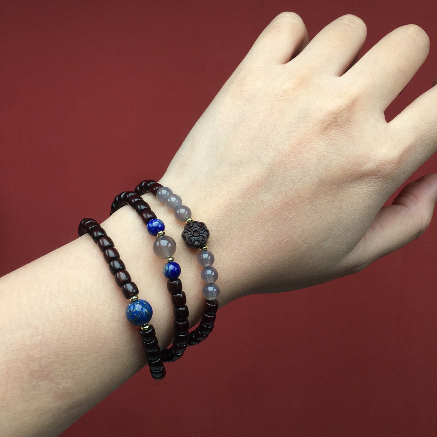 印度小叶紫檀手串三圈老型珠祥云招财转运补木手链女檀木文玩佛珠