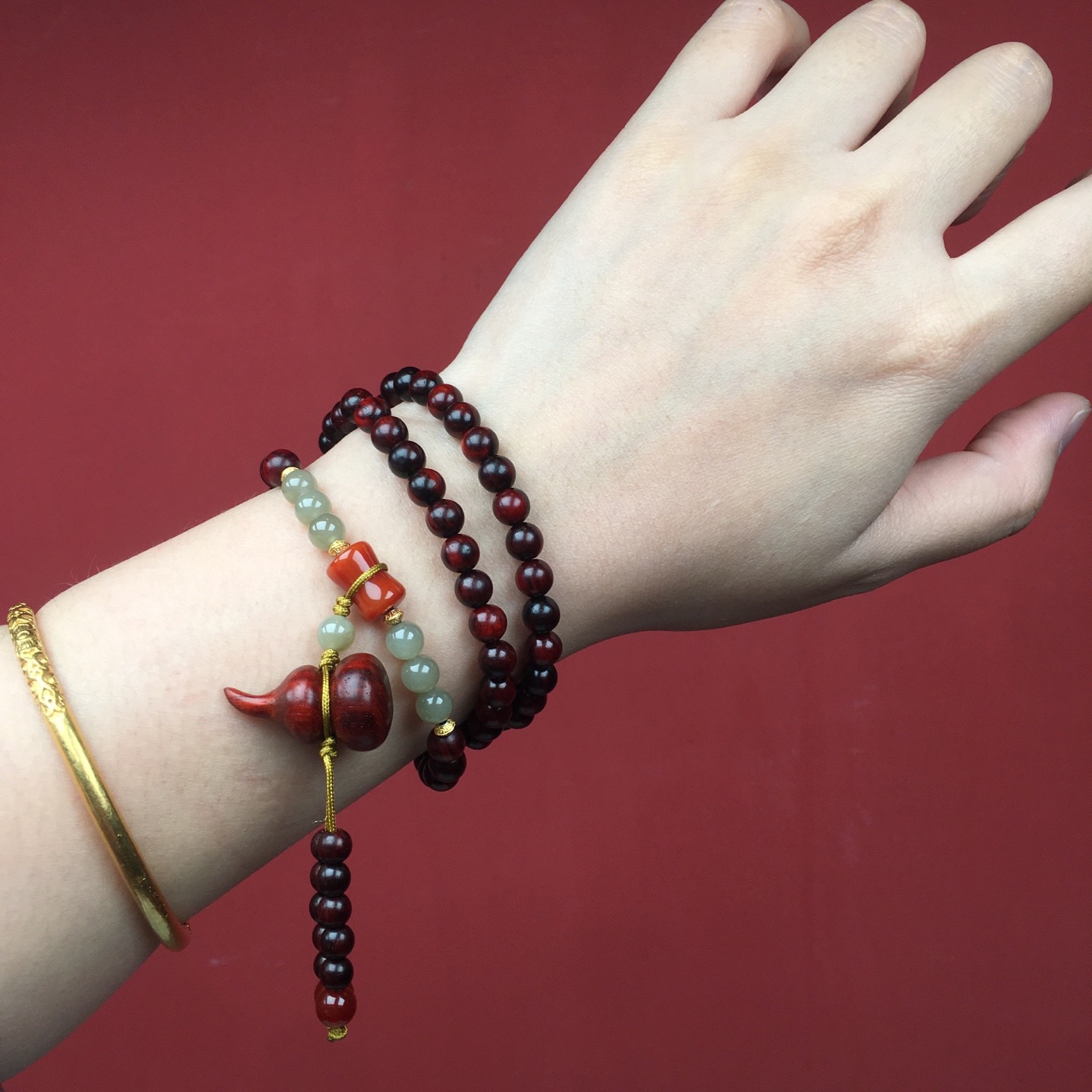 印度小叶紫檀老料葫芦手串双圈百搭叠戴招财转运补木手链女款文玩