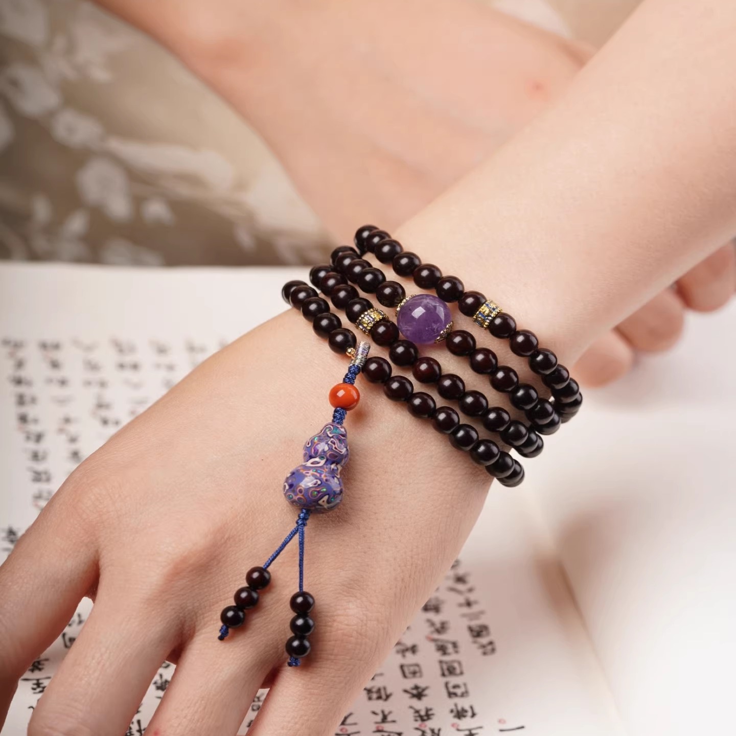 印度小叶紫檀手串108颗大漆叠戴招财转运补木手链女檀木文玩佛珠