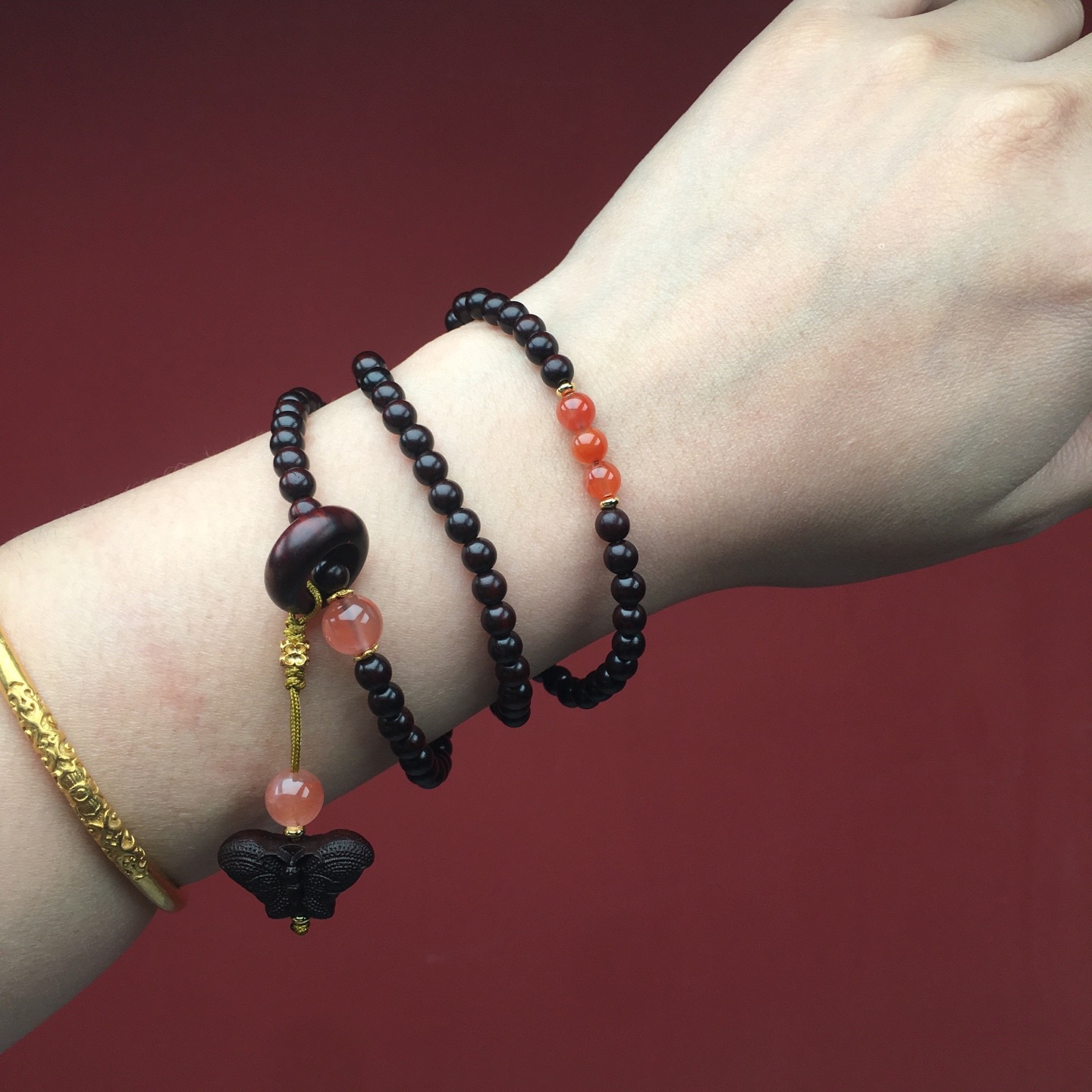 正宗印度小叶紫檀手串三圈蝴蝶叠戴招财转运补木手链女款檀木文玩