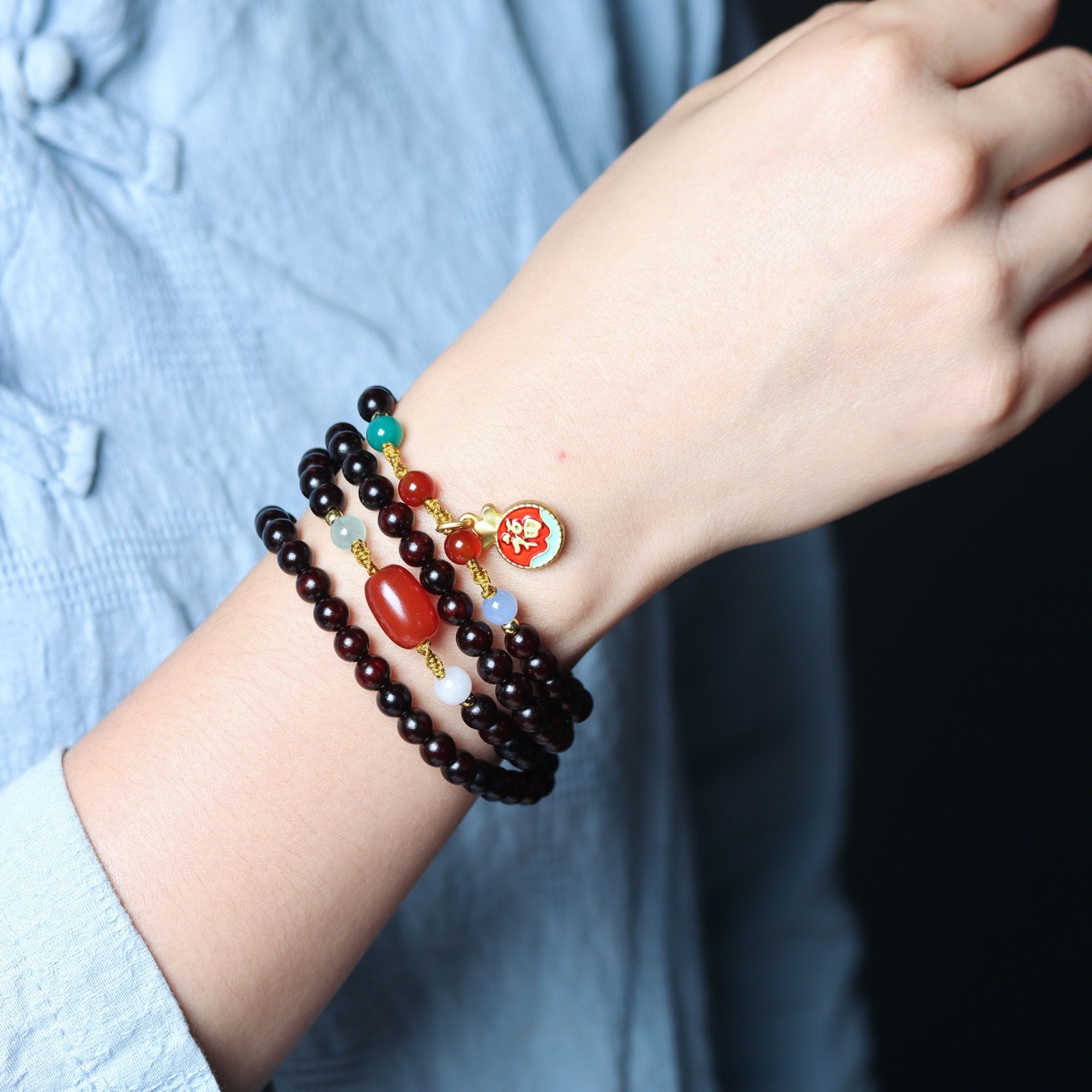 高端小叶紫檀手串天然檀香木质佛珠手链叠戴多圈南红转运盘玩念珠