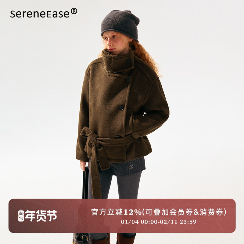 SereneEase 简约通勤棕色短款宽松大衣女秋冬季新款气质毛呢外套,女装/女士精品,毛呢外套,淘宝优惠券,粉丝福利购,淘宝优惠卷