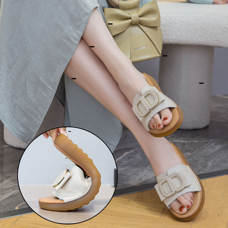 夏季蝴蝶结牛筋软底舒适防滑平底真皮一字凉拖鞋女大码41外穿孕妇