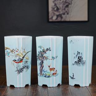 轻奢紫砂花盆高款四方签筒兰花多肉山水悬崖盆景盆彩绘贴画新款