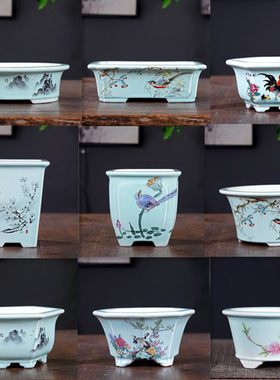 精品花盆青瓷釉贴画盆景盆新中式
