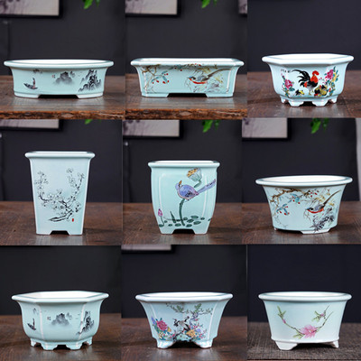 精品花盆青瓷釉贴画盆景盆新中式