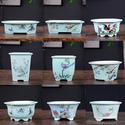 精品花盆青瓷釉贴画盆景盆新中式
